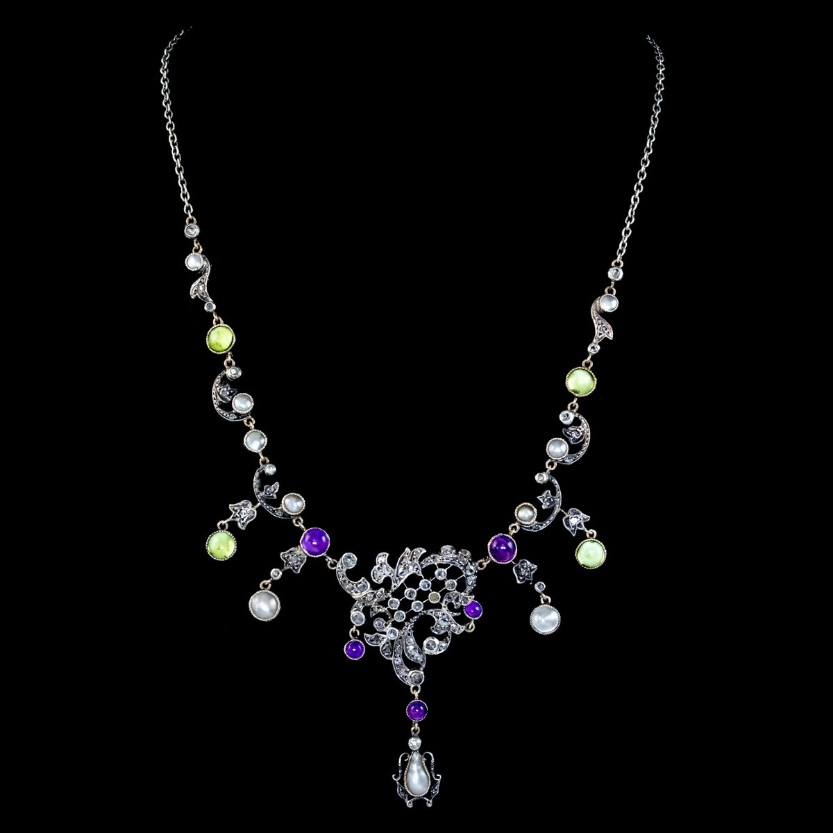 Antique Art Nouveau Suffragette Garland Necklace Diamond Pearl Amethyst Peridot Silver Circa 1915
