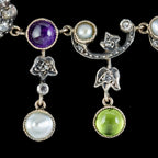 Antique Art Nouveau Suffragette Garland Necklace Diamond Pearl Amethyst Peridot Silver Circa 1915