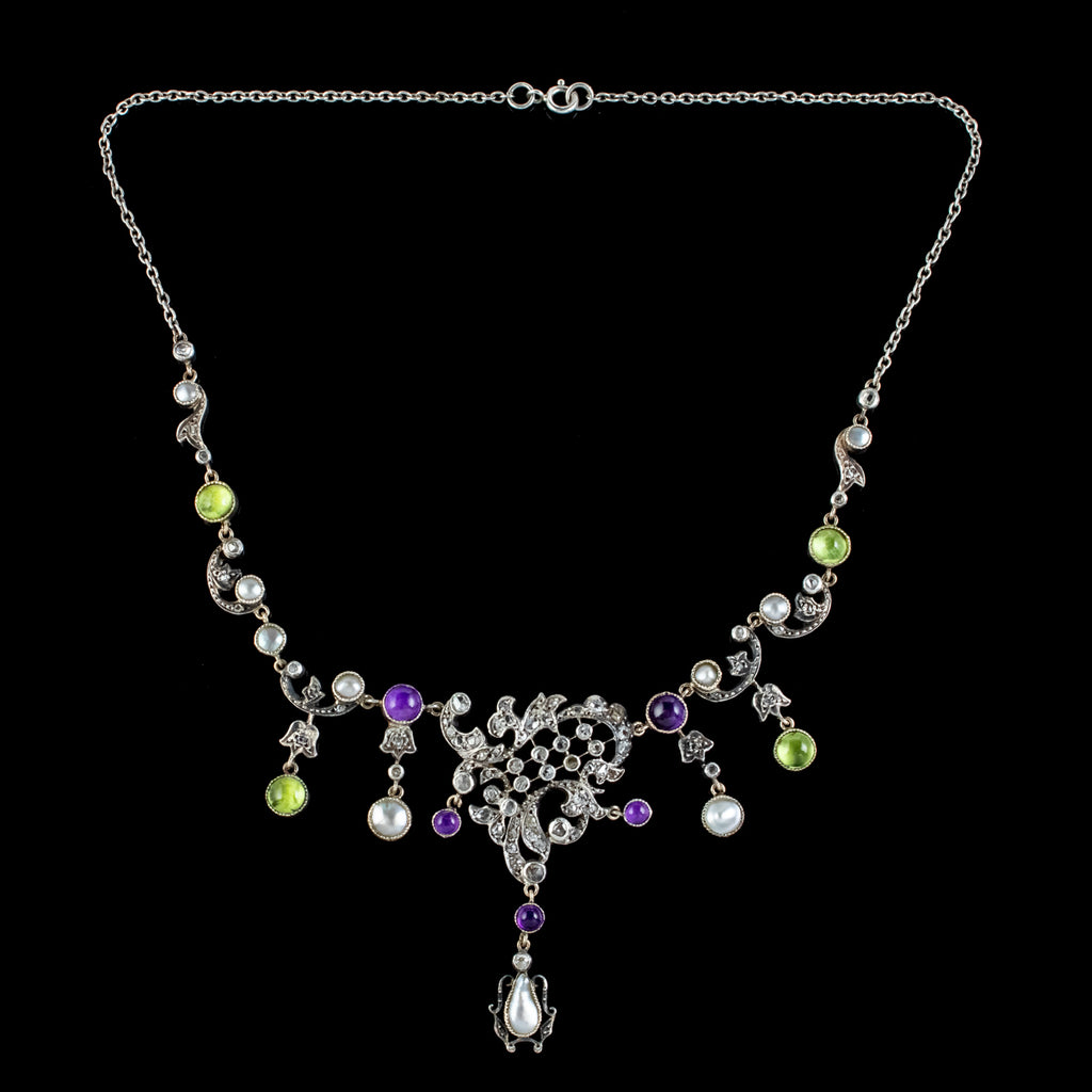 Antique Art Nouveau Suffragette Garland Necklace Diamond Pearl Amethyst Peridot Silver Circa 1915