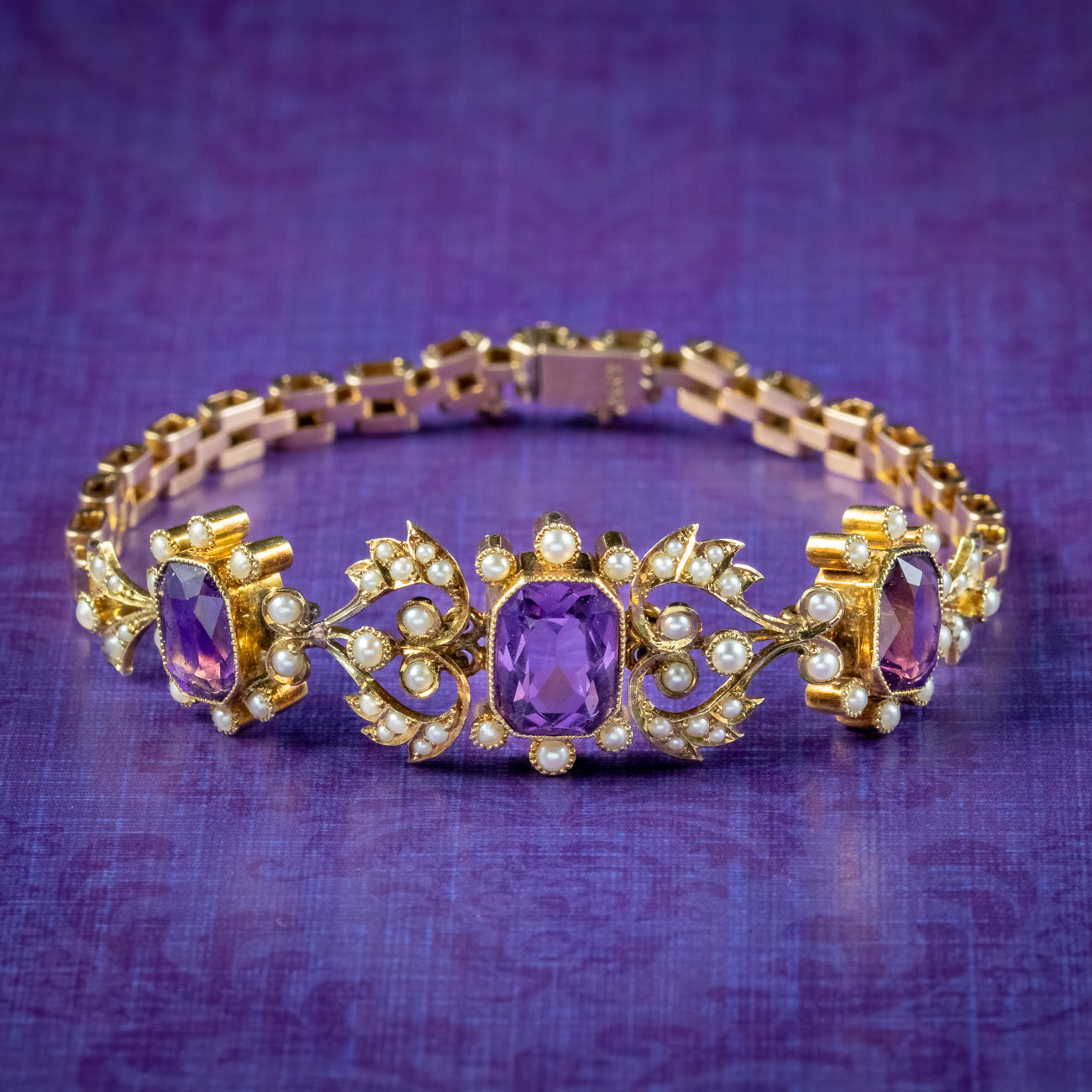 Antique Edwardian Amethyst Pearl Bracelet 15ct Gold Main image