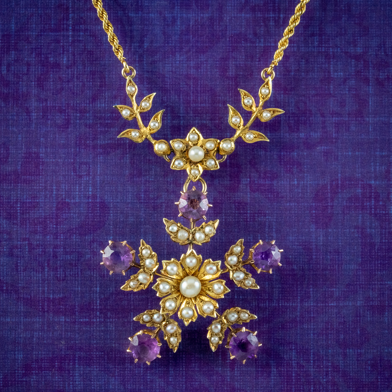 Antique Edwardian Amethyst Pearl Floral Lavaliere Necklace 15ct Gold  Main image