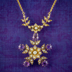 Antique Edwardian Amethyst Pearl Floral Lavaliere Necklace 15ct Gold 