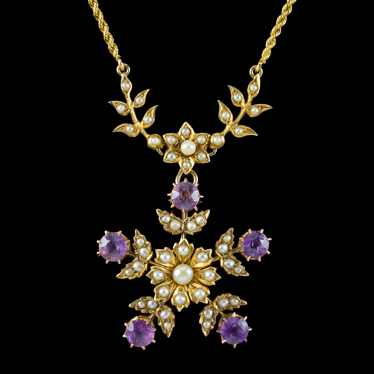 Antique Edwardian Amethyst Pearl Floral Lavaliere Necklace 15ct Gold Secondary image