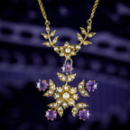 Antique Edwardian Amethyst Pearl Floral Lavaliere Necklace 15ct Gold 