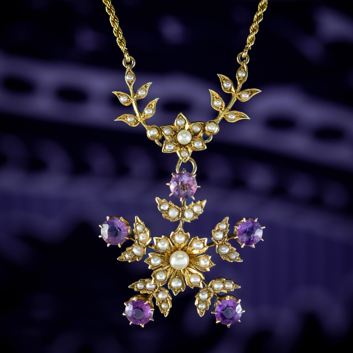 Antique Edwardian Amethyst Pearl Floral Lavaliere Necklace 15ct Gold 