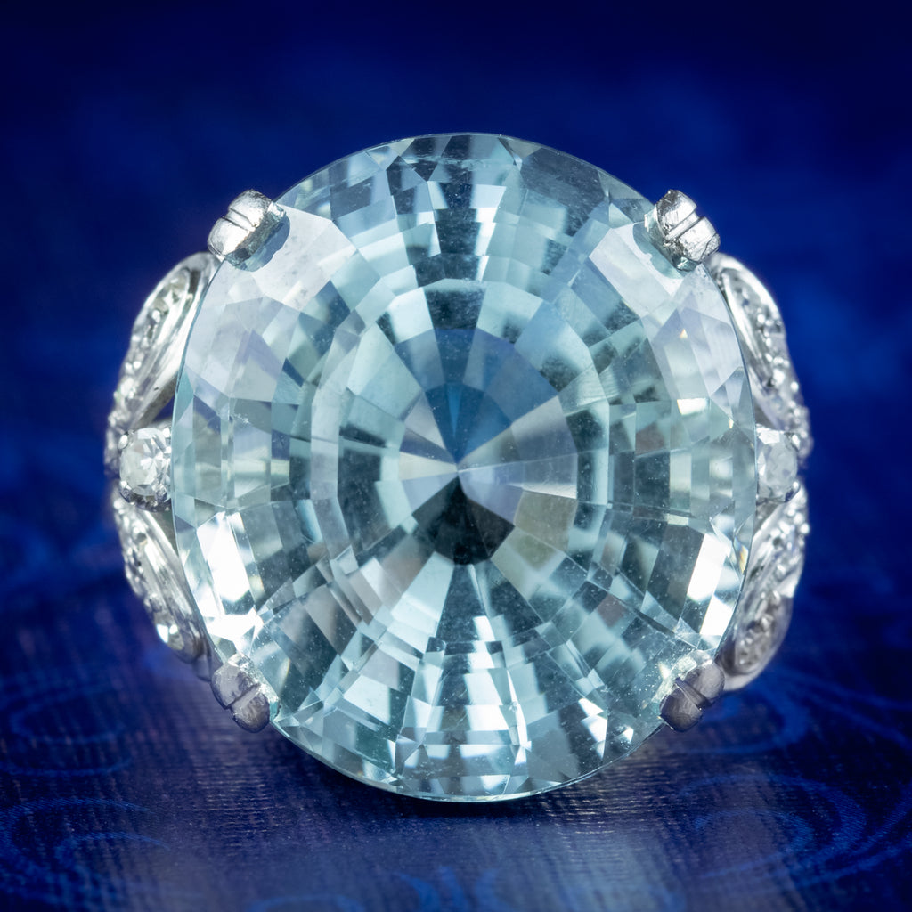 Antique Edwardian Aquamarine Diamond Cocktail Ring 16ct Aqua