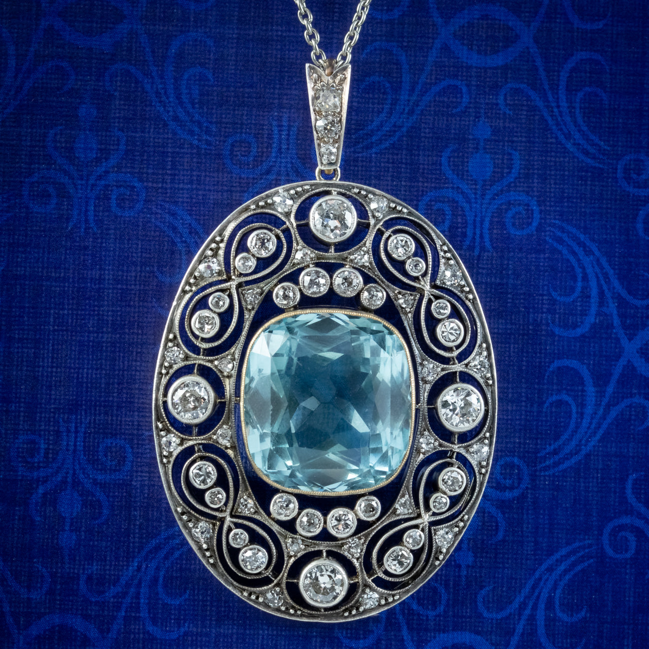 Antique Edwardian Aquamarine Diamond Pendant Necklace 17ct Aqua Main image