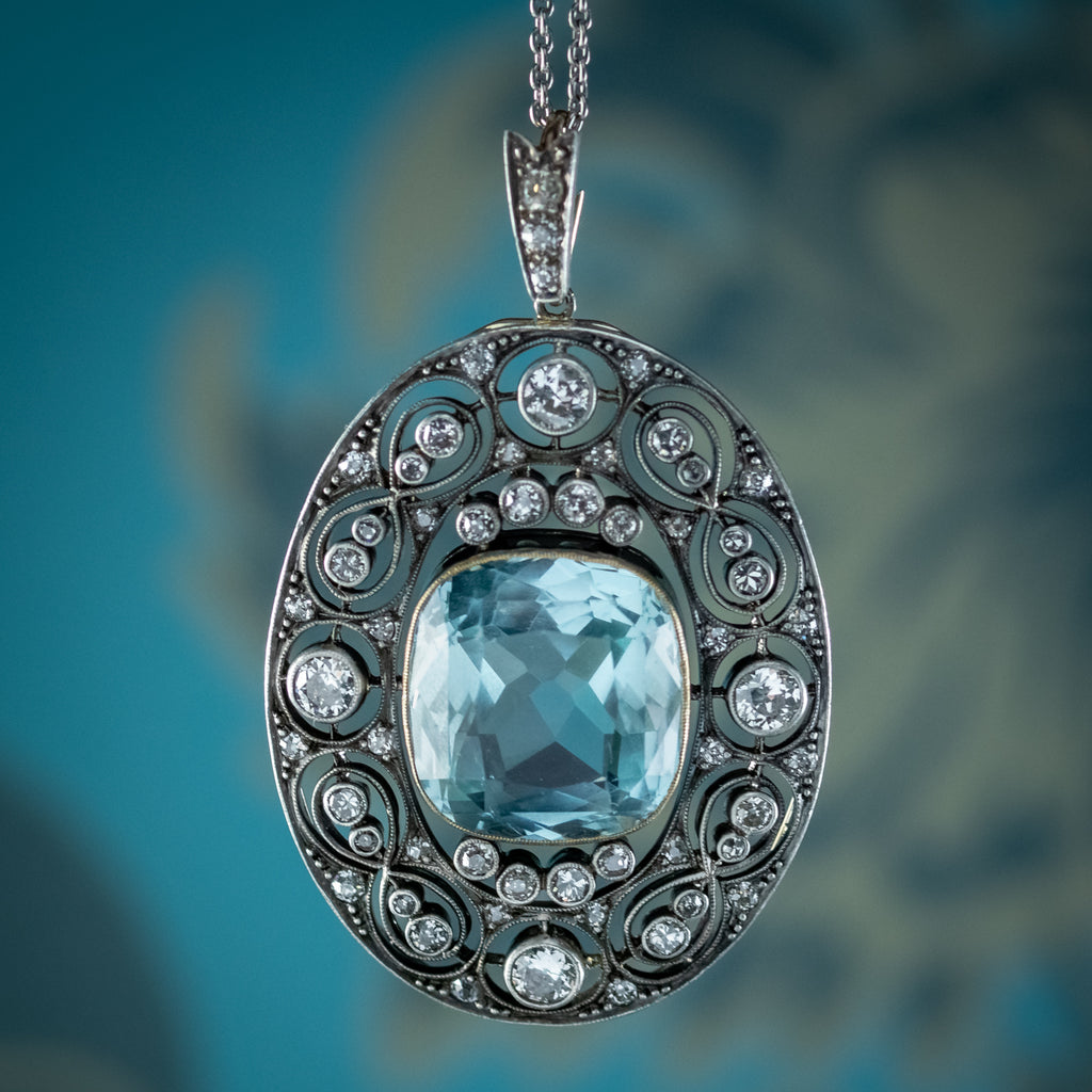 Antique Edwardian Aquamarine Diamond Pendant Necklace 17ct Aqua