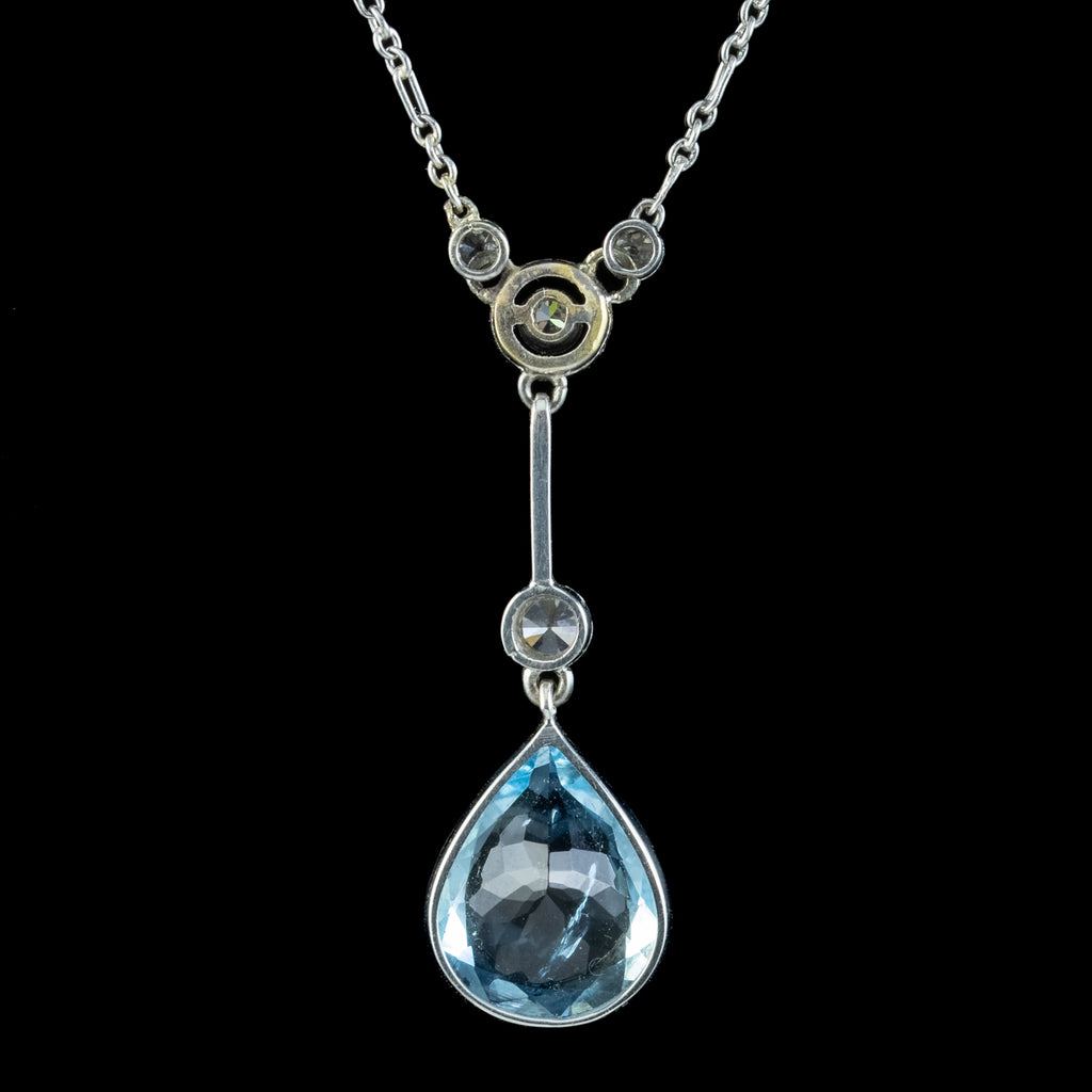 Antique Edwardian Aquamarine Diamond  Lavaliere Necklace 5ct Aqua With Box