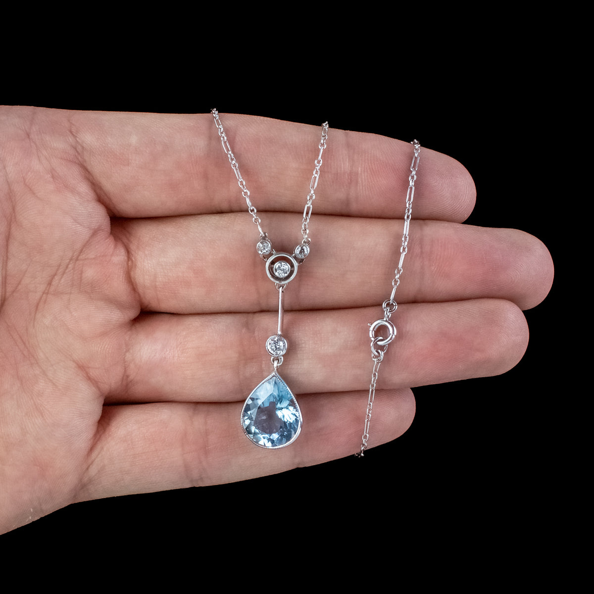 Antique Edwardian Aquamarine Diamond  Lavaliere Necklace 5ct Aqua With Box