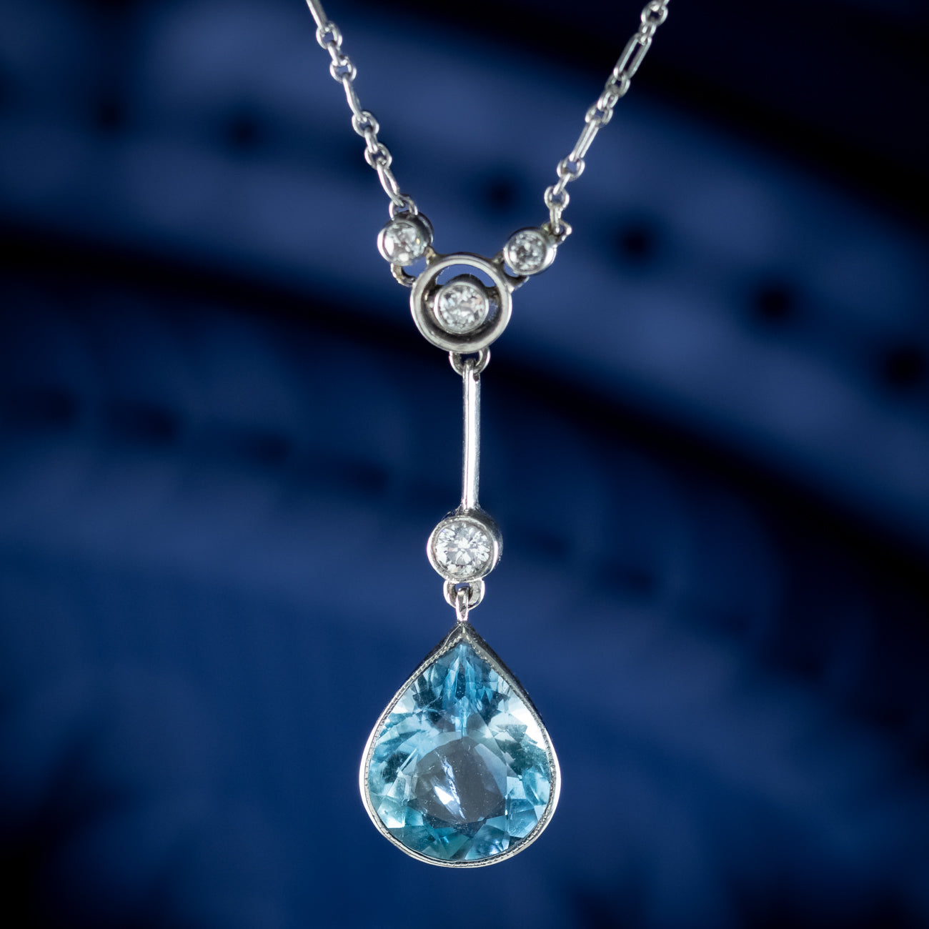 Antique Edwardian Aquamarine Diamond  Lavaliere Necklace 5ct Aqua With Box