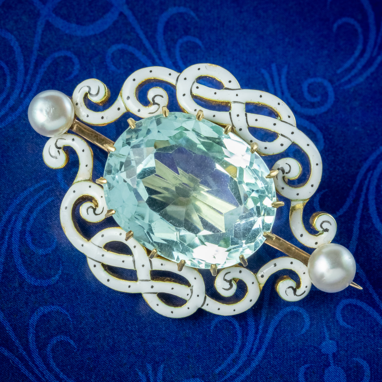Antique Edwardian Aquamarine Pearl Enamel Brooch 9.5ct Aqua Main image
