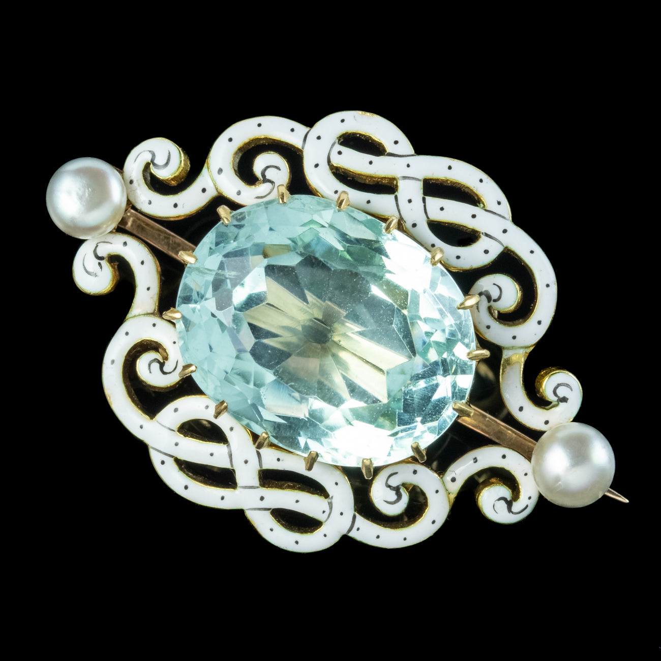 Antique Edwardian Aquamarine Pearl Enamel Brooch 9.5ct Aqua Secondary image