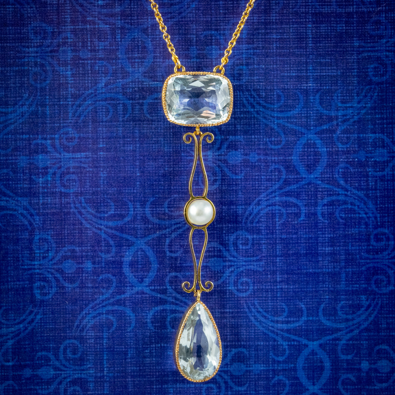 Antique Edwardian Aquamarine Pearl Lavaliere Necklace 15ct Gold Circa 1915 Main image