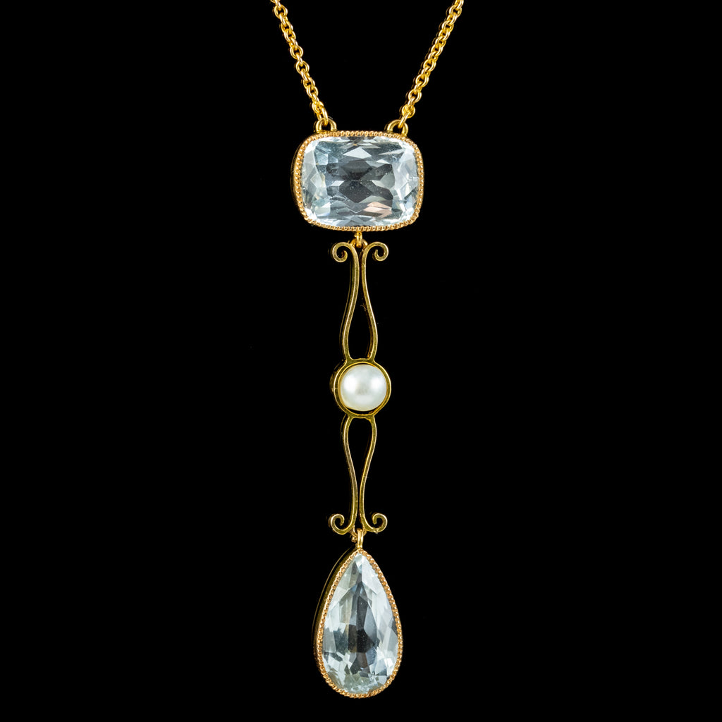 Antique Edwardian Aquamarine Pearl Lavaliere Necklace 15ct Gold Circa 1915