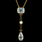 Antique Edwardian Aquamarine Pearl Lavaliere Necklace 15ct Gold Circa 1915