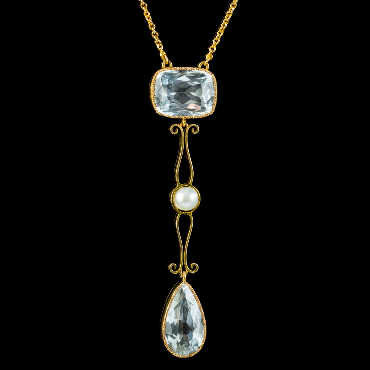 Antique Edwardian Aquamarine Pearl Lavaliere Necklace 15ct Gold Circa 1915