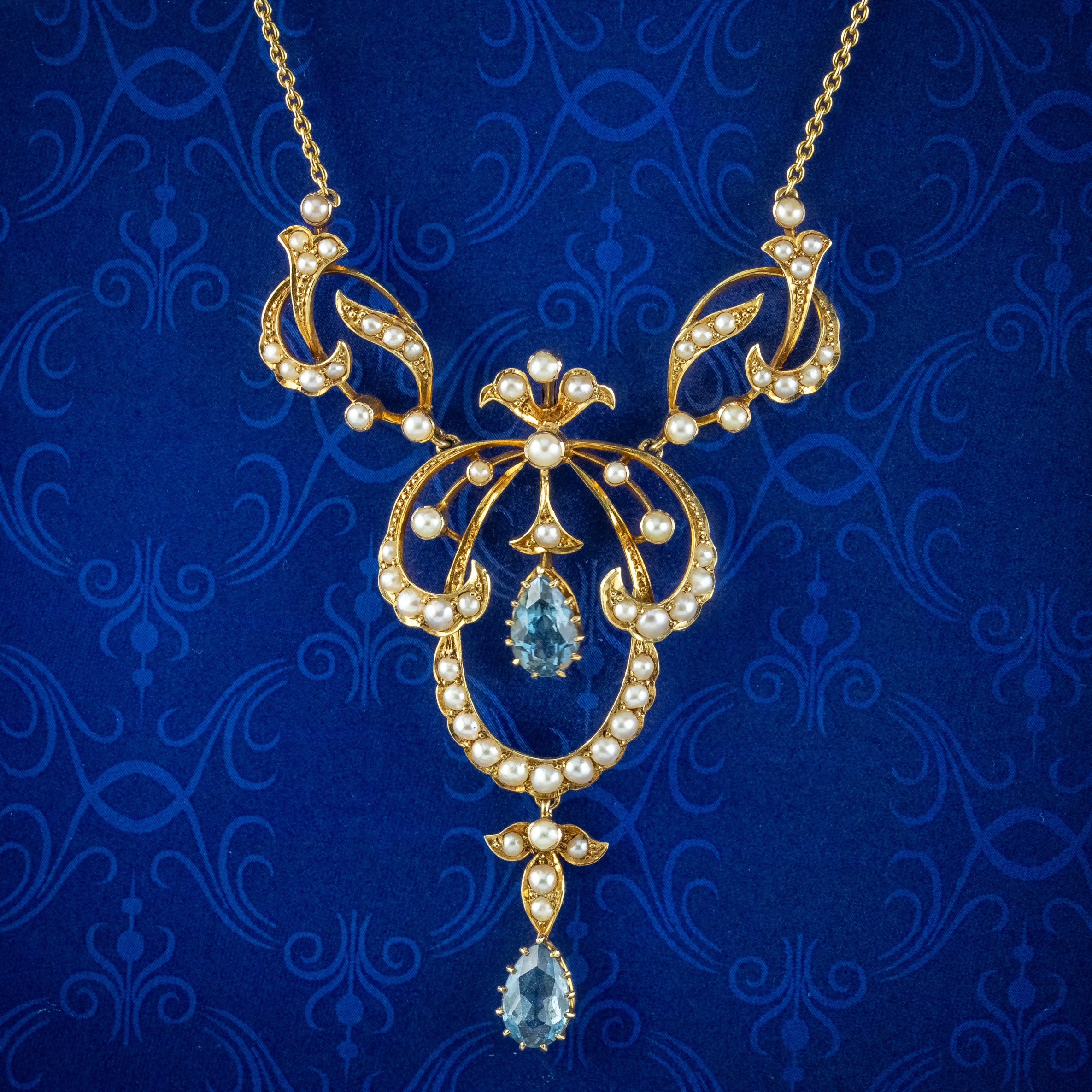 Antique Edwardian Aquamarine Pearl Lavaliere Necklace 15ct Gold Main image