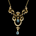 Antique Edwardian Aquamarine Pearl Lavaliere Necklace 15ct Gold