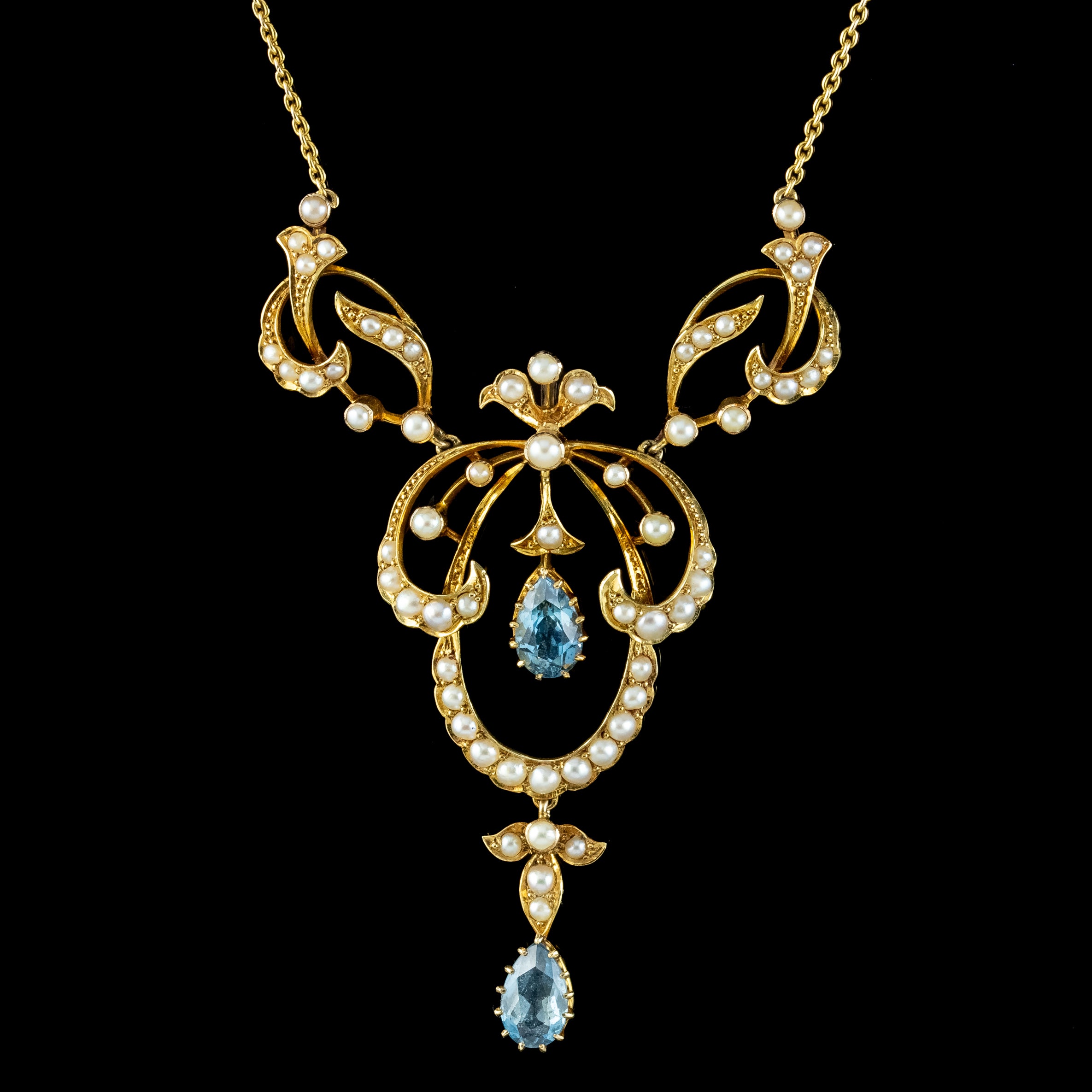 Antique Edwardian Aquamarine Pearl Lavaliere Necklace 15ct Gold