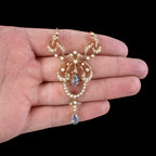 Antique Edwardian Aquamarine Pearl Lavaliere Necklace 15ct Gold