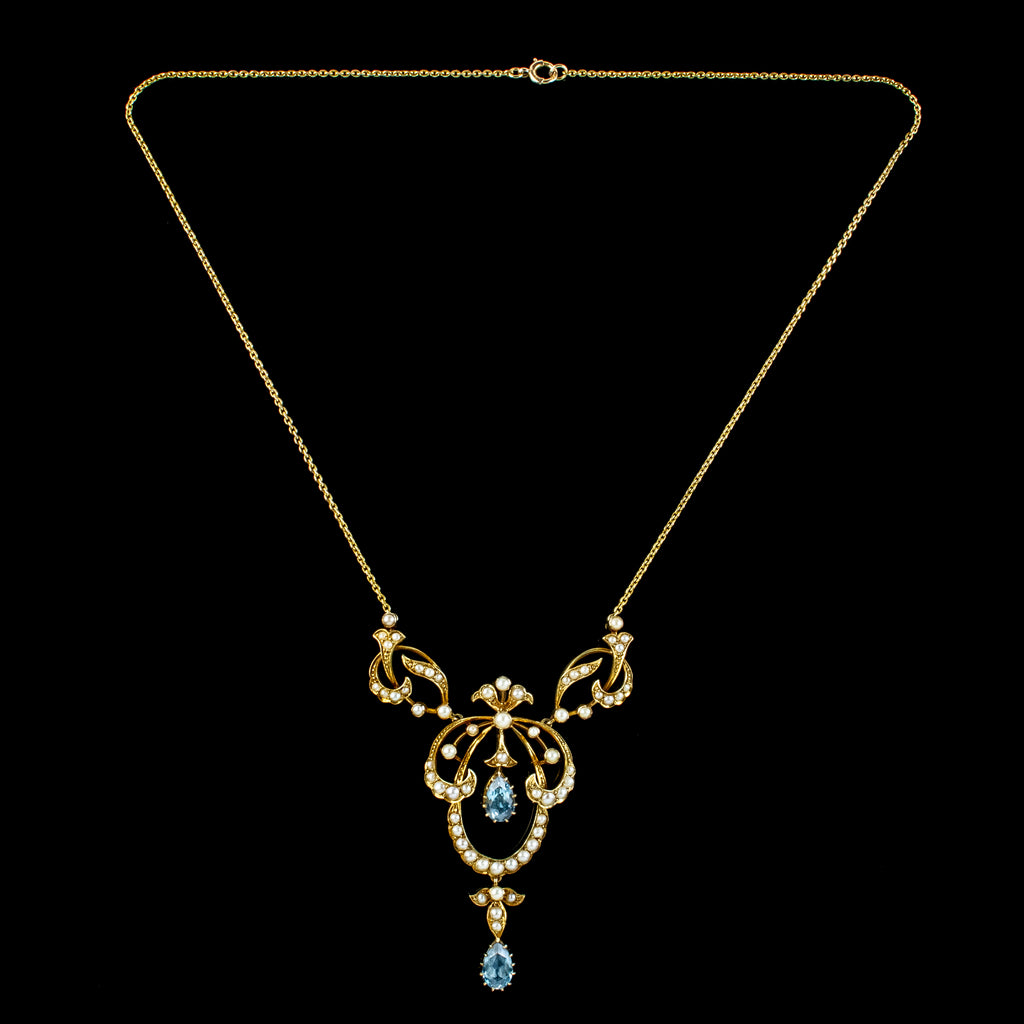 Antique Edwardian Aquamarine Pearl Lavaliere Necklace 15ct Gold