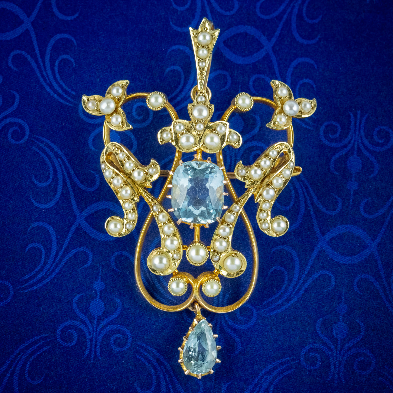 Antique Edwardian Aquamarine Pearl Pendant Brooch 15ct Gold With Box Main image