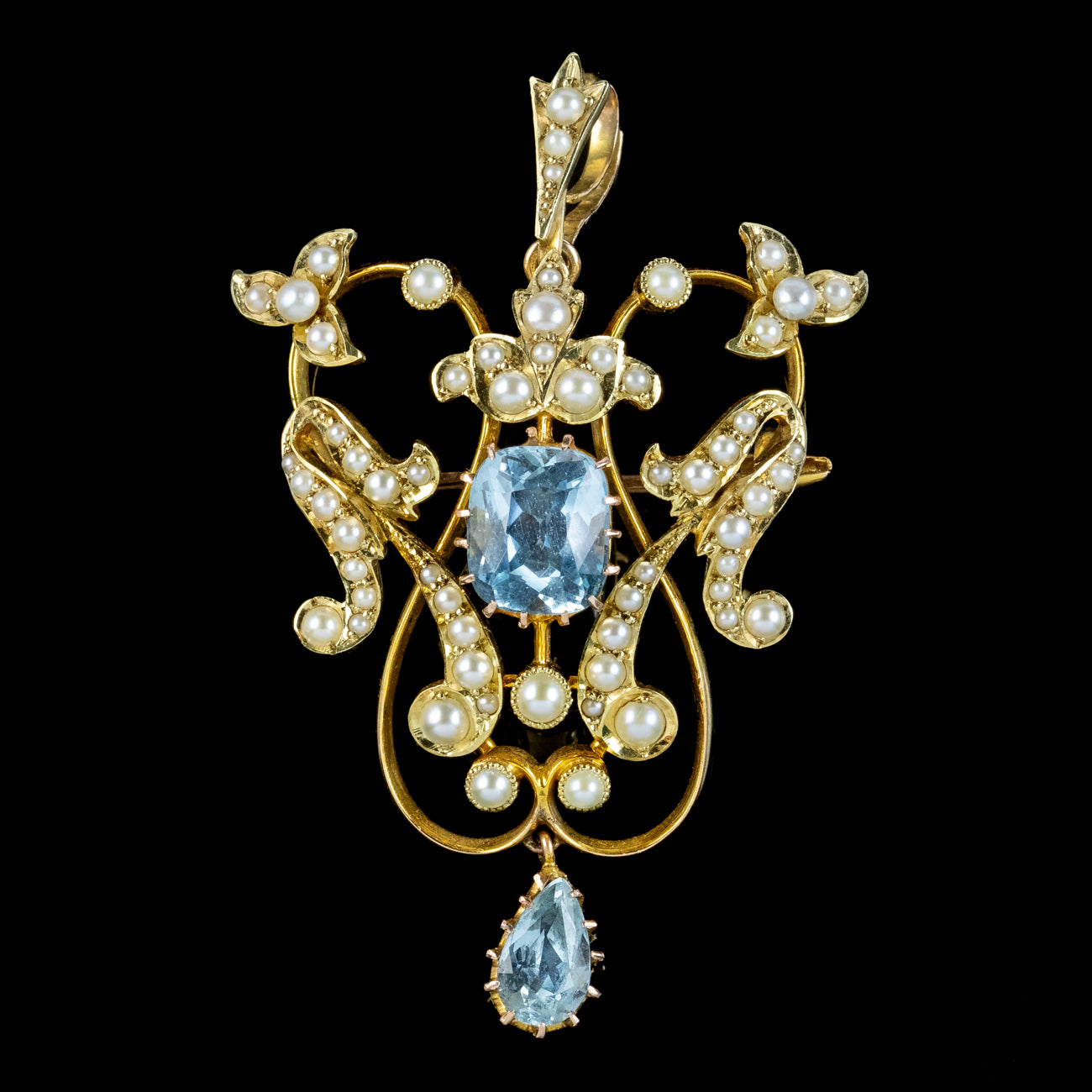Antique Edwardian Aquamarine Pearl Pendant Brooch 15ct Gold With Box Secondary image