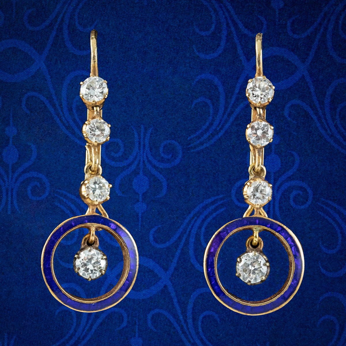 Antique Edwardian Blue Enamel Diamond Drop Earrings 18ct Gold With Box Main image