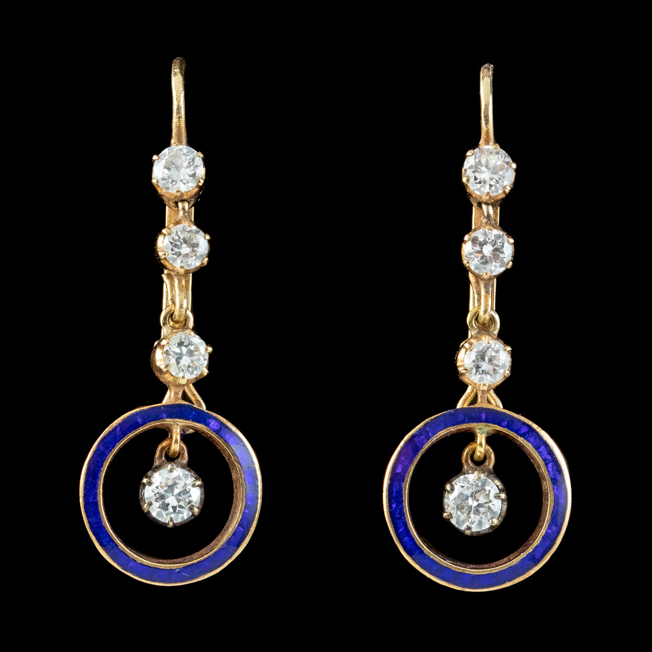 Antique Edwardian Blue Enamel Diamond Drop Earrings 18ct Gold With Box Secondary image