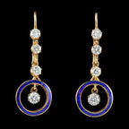 Antique Edwardian Blue Enamel Diamond Drop Earrings 18ct Gold With Box