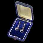 Antique Edwardian Blue Enamel Diamond Drop Earrings 18ct Gold With Box