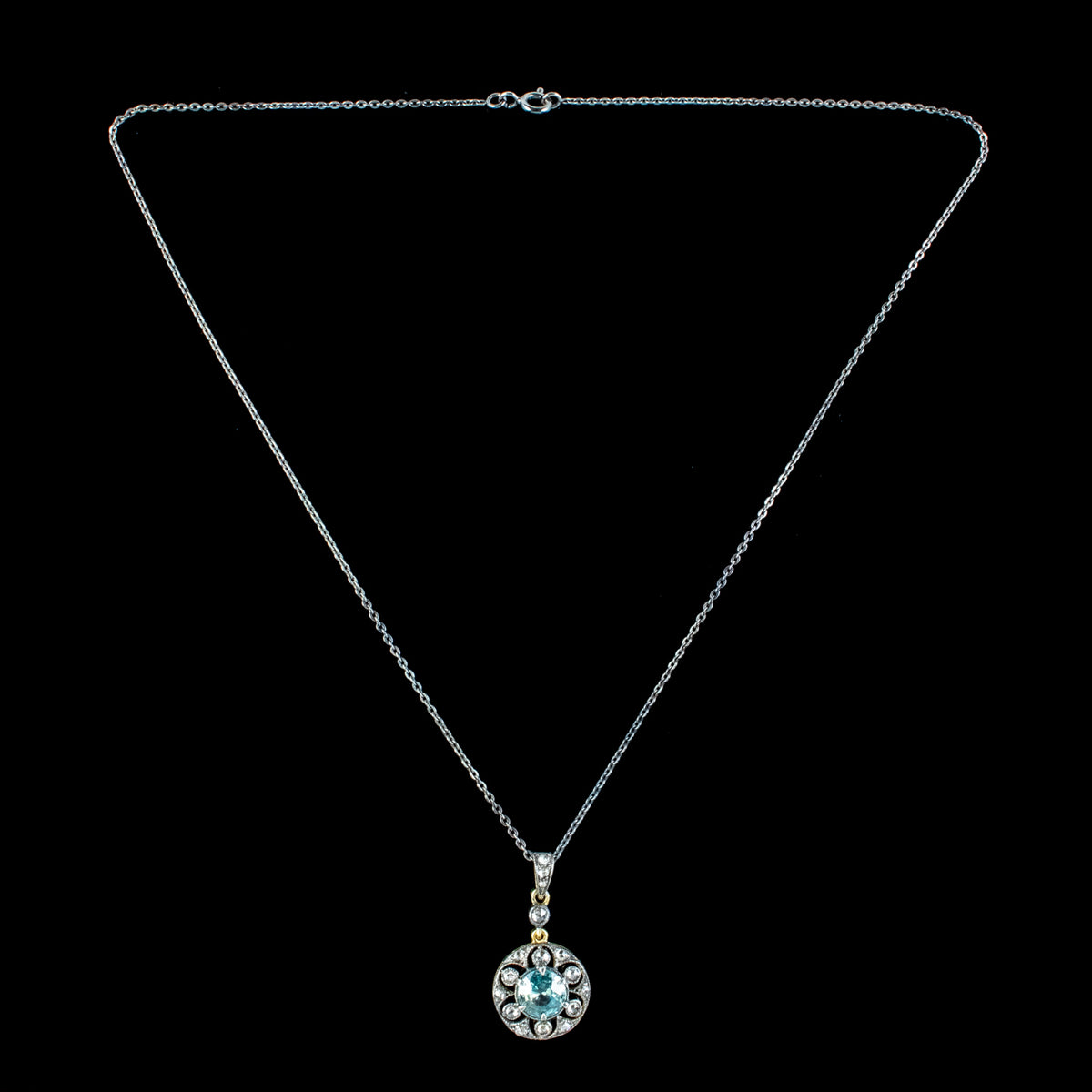 Antique Edwardian Blue Zircon Diamond Pendant Necklace