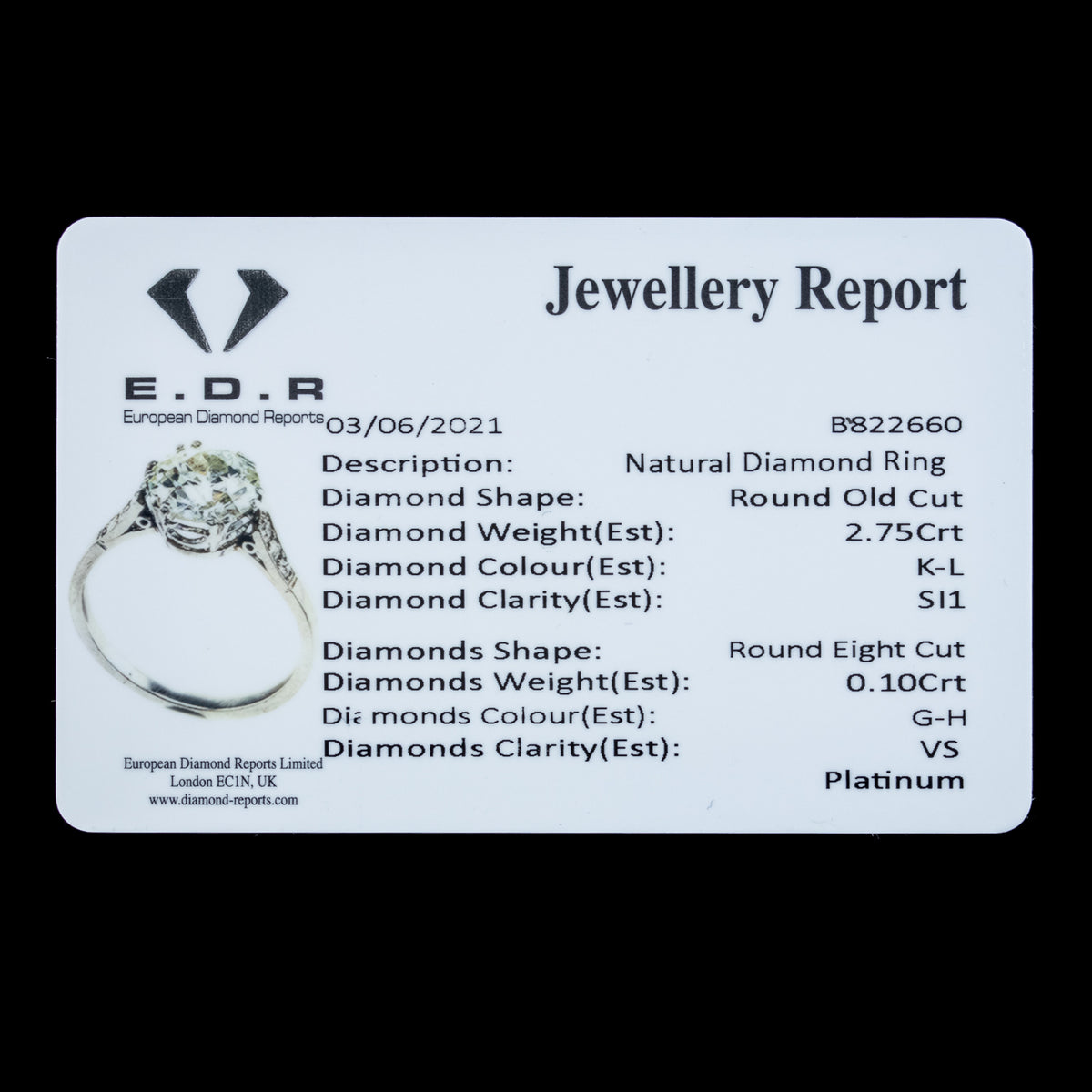 Antique Edwardian Diamond Solitaire Ring 2.75ct Diamond Circa 1910 Cert