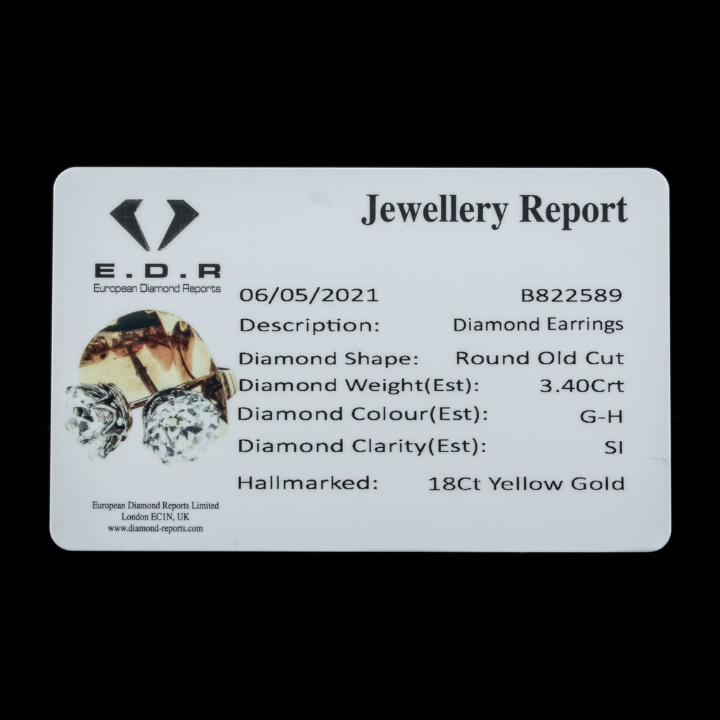 Antique Edwardian Diamond Stud Earrings 3.40ct Diamond Circa 1901 With Cert
