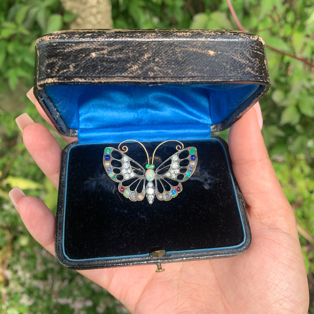 Antique Edwardian Gemstone Butterfly Brooch With Box