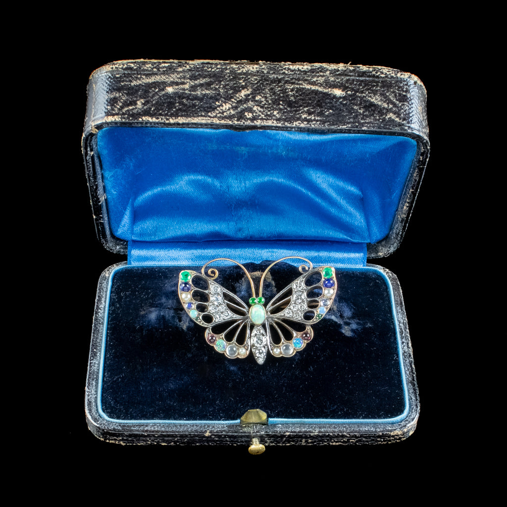 Antique Edwardian Gemstone Butterfly Brooch With Box