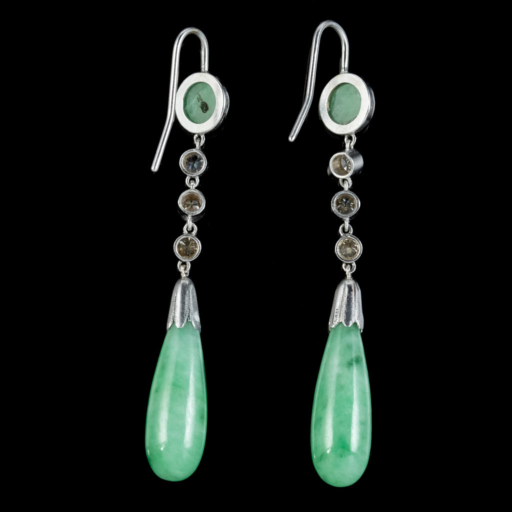 Antique Edwardian Jade Diamond Drop Earrings Platinum Circa 1915