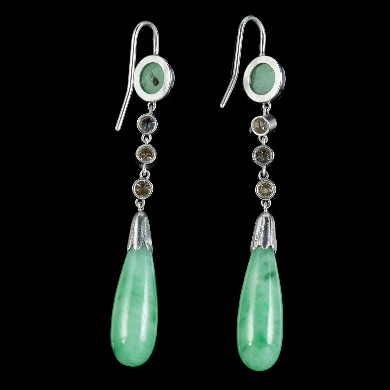 Antique Edwardian Jade Diamond Drop Earrings Platinum Circa 1915