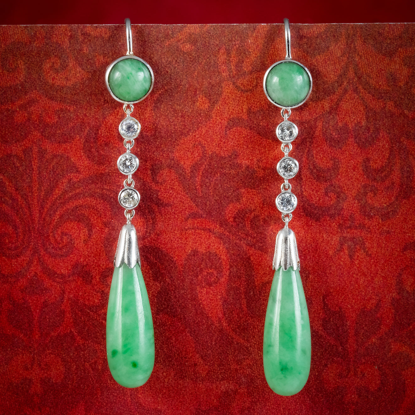 Antique Edwardian Jade Diamond Drop Earrings Platinum Circa 1915 Main image