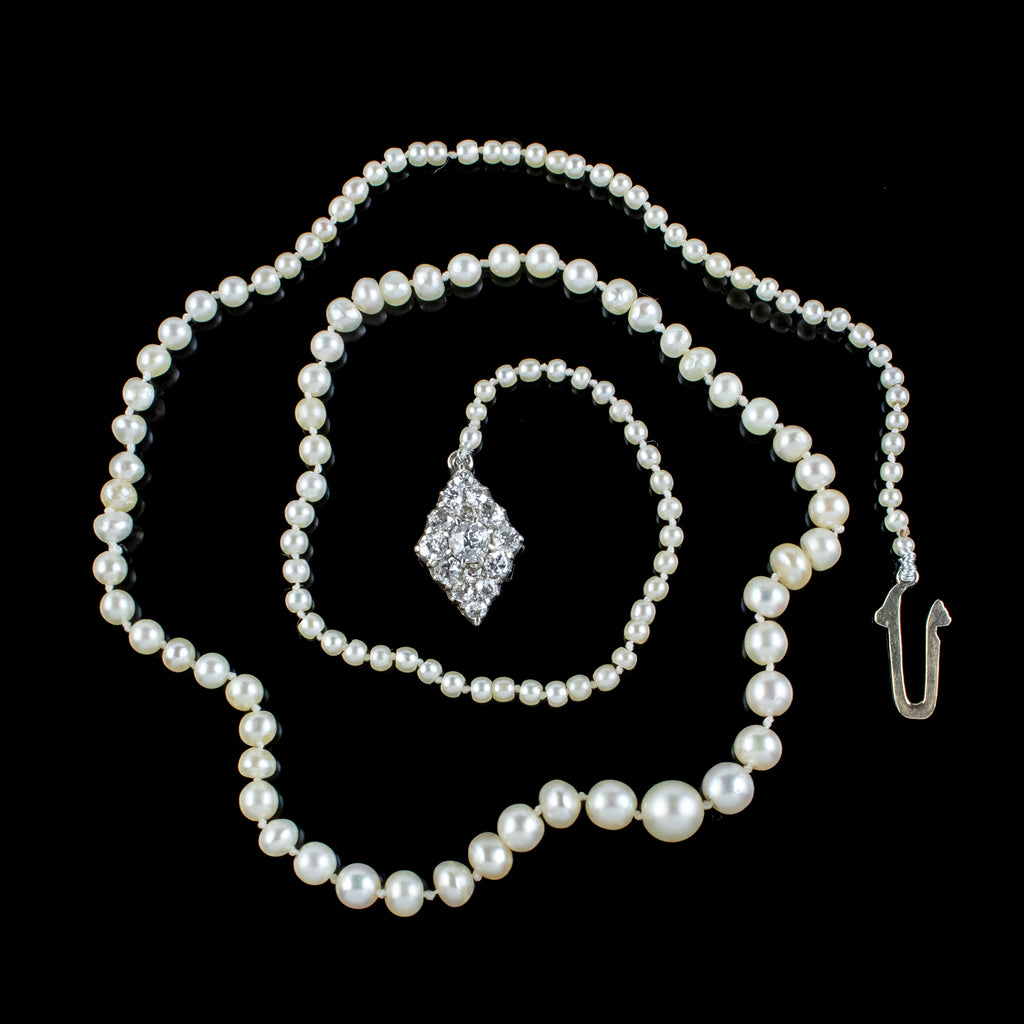 Antique Edwardian Natural Pearl Necklace Diamond Clasp With Box And Cert