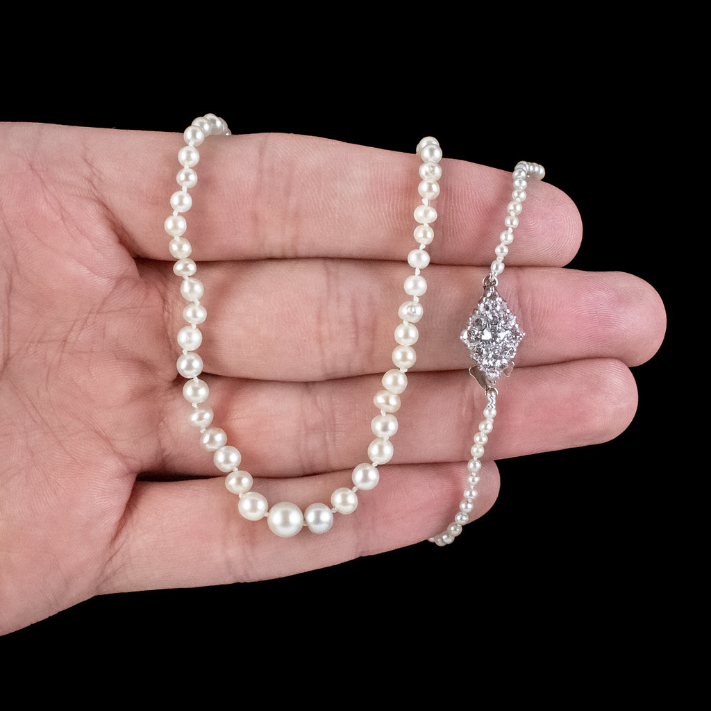 Antique Edwardian Natural Pearl Necklace Diamond Clasp With Box And Cert