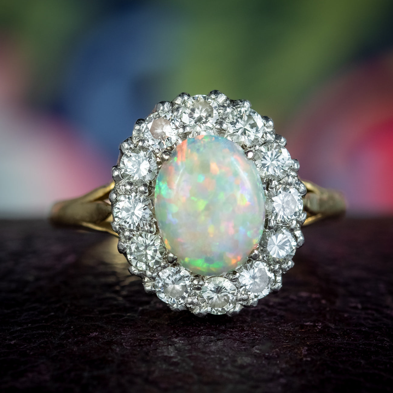 Antique Edwardian Opal Diamond Cluster Ring 2ct Opal 