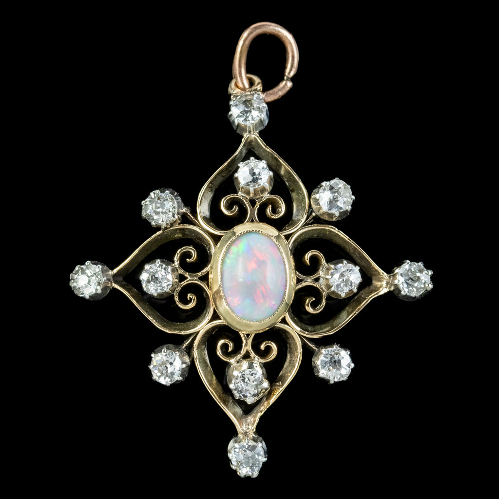Antique Edwardian Opal Diamond Pendant 18ct Gold 