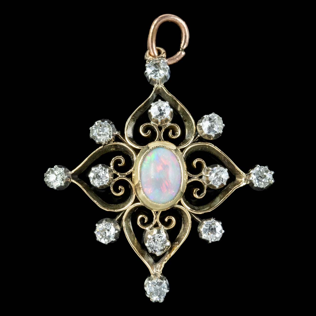 Antique Edwardian Opal Diamond Pendant 18ct Gold 