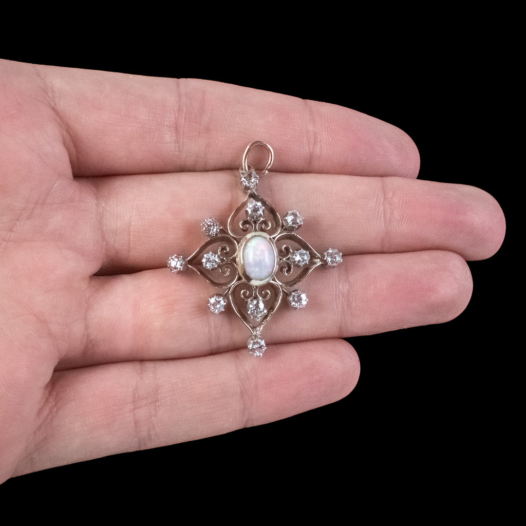 Antique Edwardian Opal Diamond Pendant 18ct Gold 