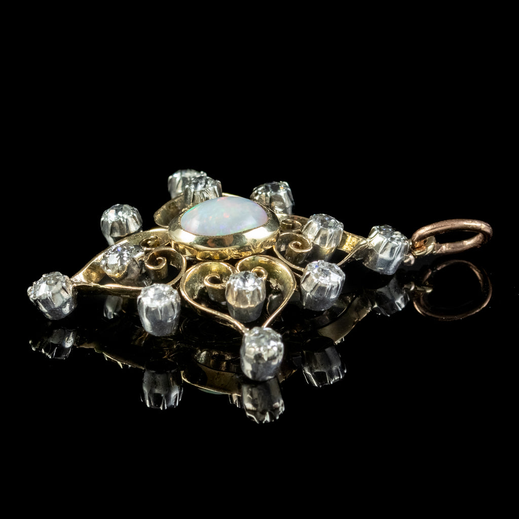 Antique Edwardian Opal Diamond Pendant 18ct Gold 