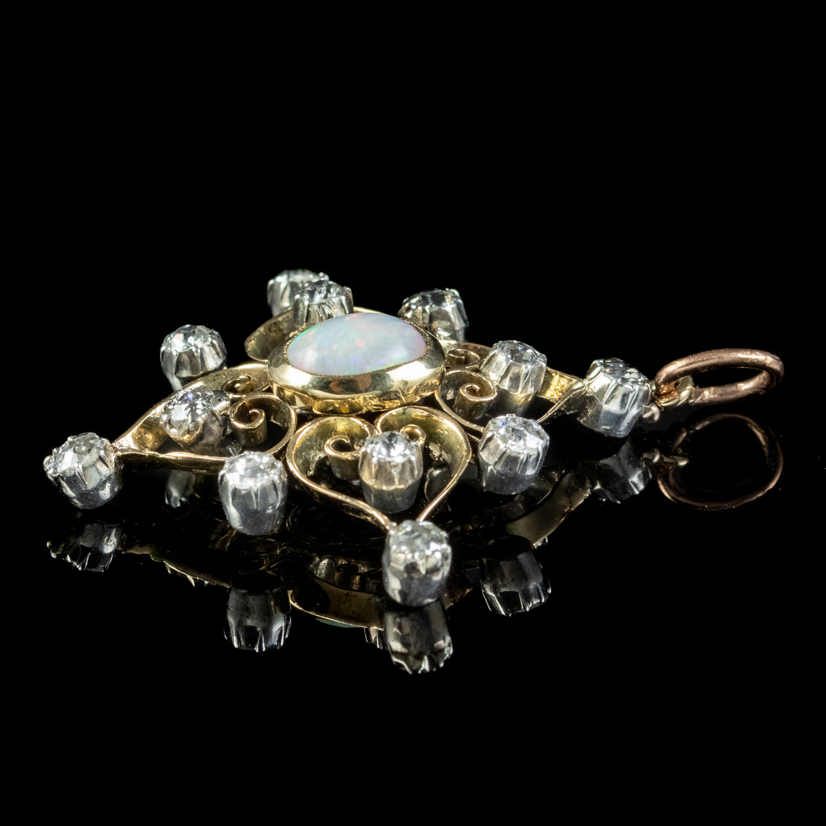Antique Edwardian Opal Diamond Pendant 18ct Gold 