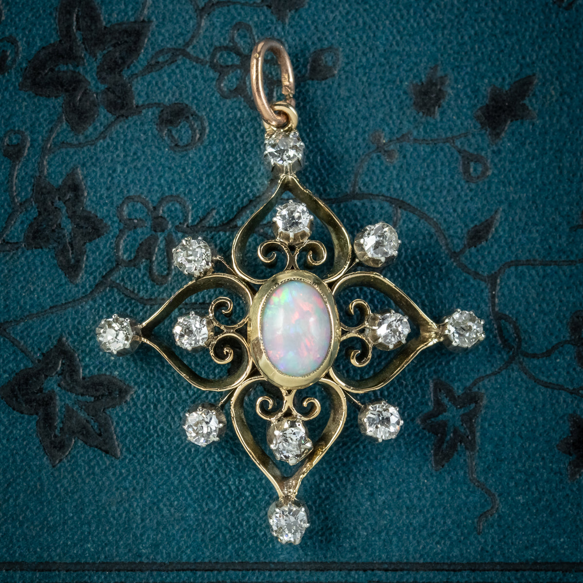 Antique Edwardian Opal Diamond Pendant 18ct Gold 
