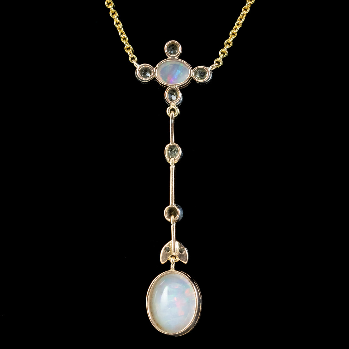 Antique Edwardian Opal Diamond Pendant Necklace 18ct Gold 